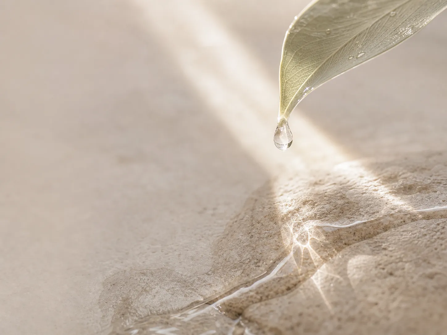 A drop of water on a living leaf in a ray of light